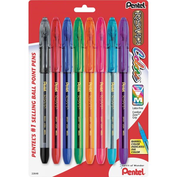 Pentel RSVP COLORS Ballpoint Pen, (1.0mm) Medium Line, Assorted Ink (A/B/C/D/F/P/S/V), 8-Pk